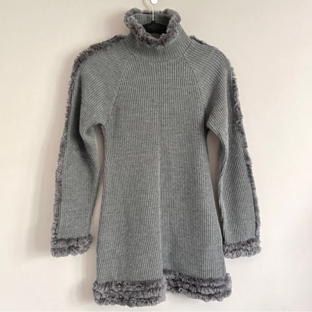 Frett Gray Wool Blend Fur Trimmed Turtleneck Tunic Sweater Mini Dress - S 🇨🇦 - Picture 11 of 13